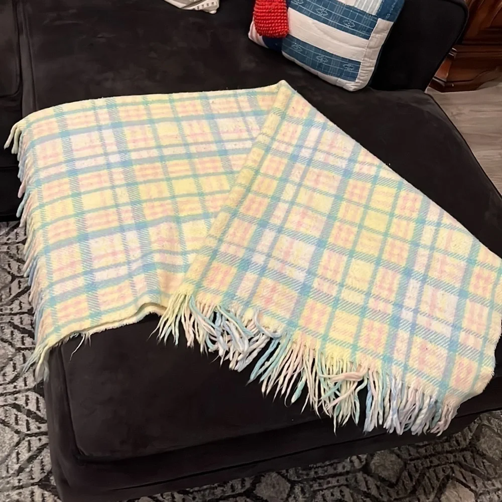 Vintage Baby Blanket Pastel Fringe Plaid Carriage Stroller